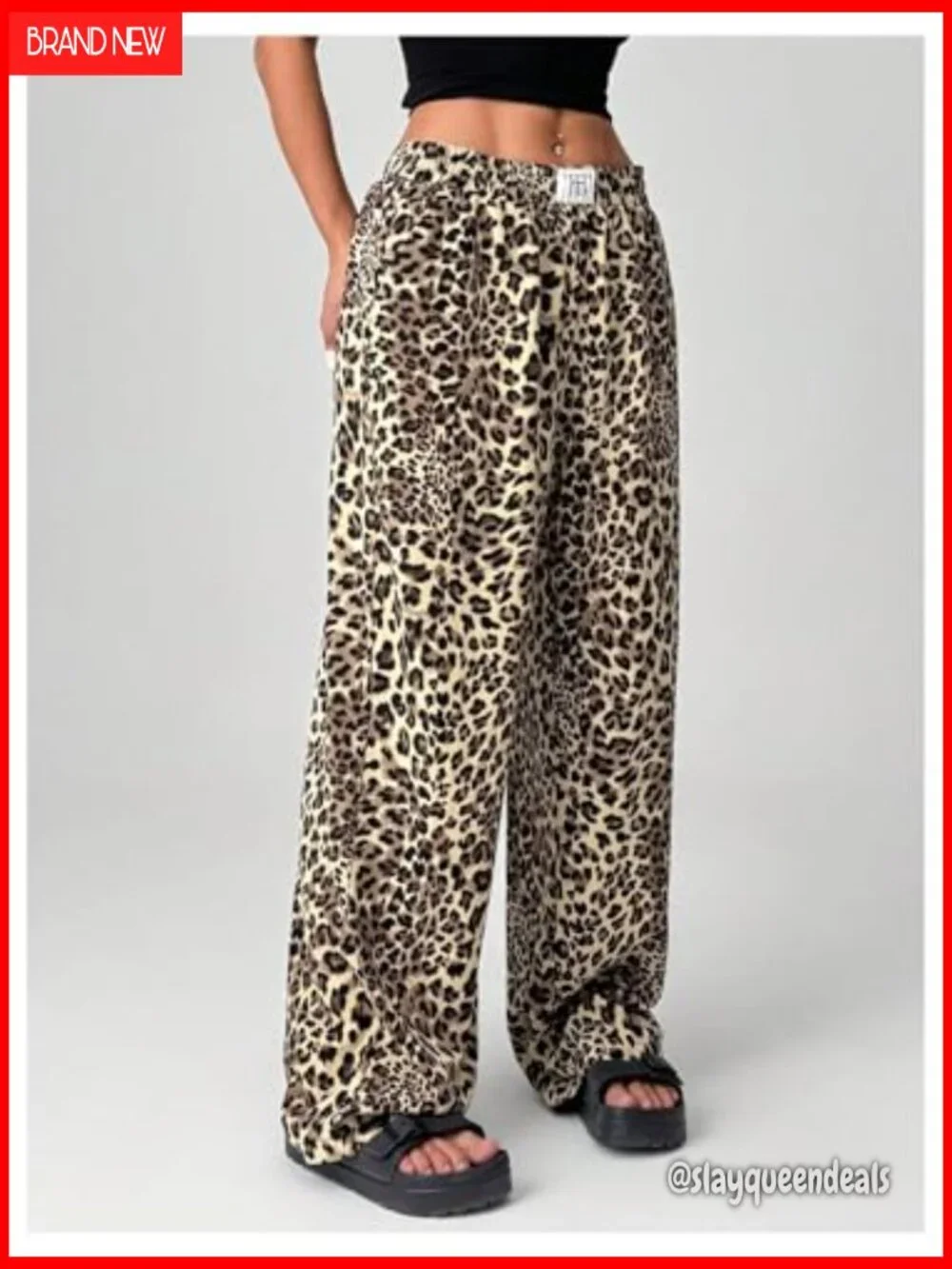 Women's Letter Leopard Print Straight Leg Pants Elastic Waist Y2K Trousers with - Picture 4 of 5